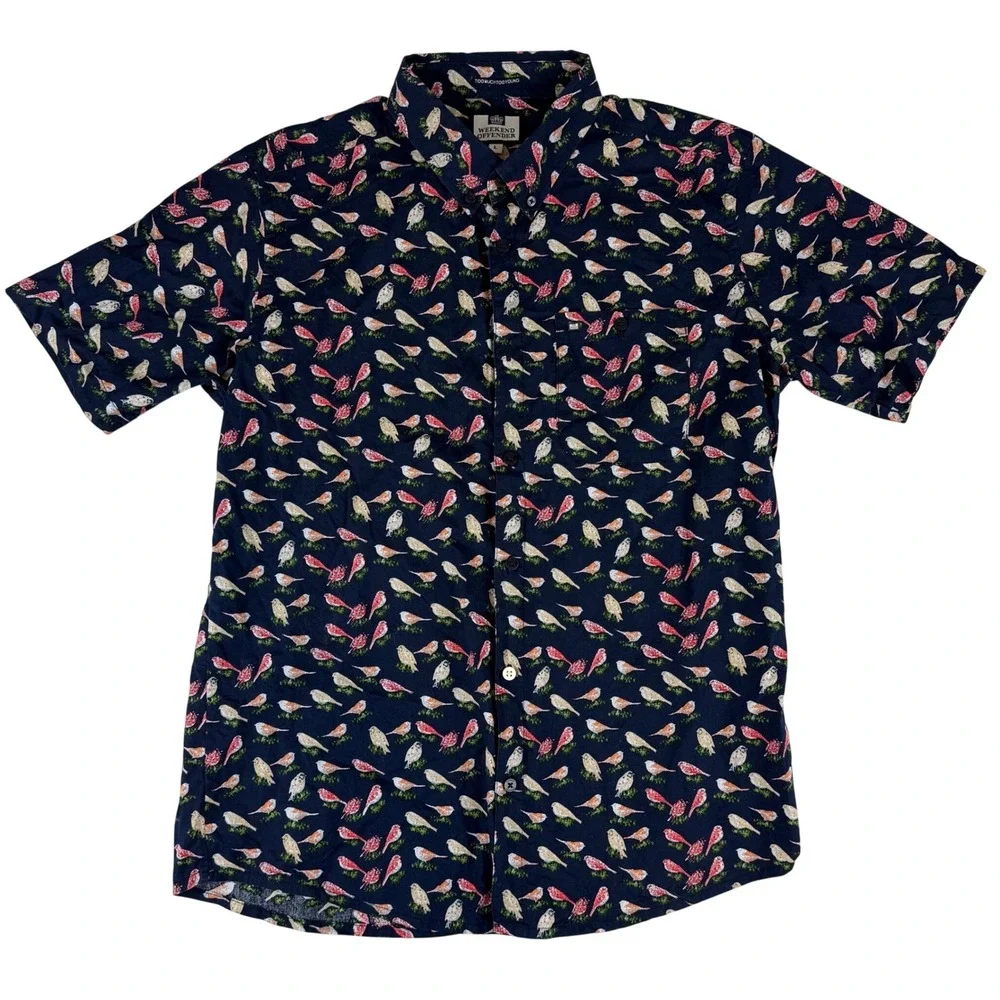 Weekend Offender Button Down Shirt Mens Large‎ Navy Blue Bird Print Short Sleeve
